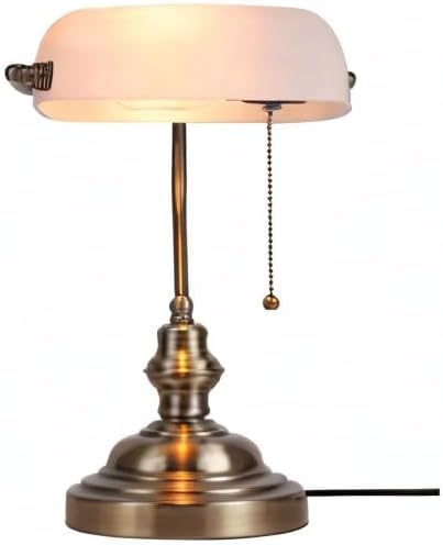 Newrays Glass Bankers Desk Lamp with Pull Chain Switch Plug in Fixture,Satin Brass Finish (White)