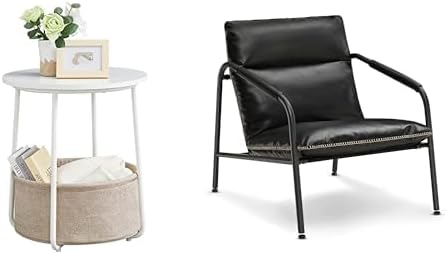VASAGLE Small Round Side End Table, Modern Nightstand with Fabric Basket and Accent Sling Chair Black, for Living, Bedroom, Reading Room