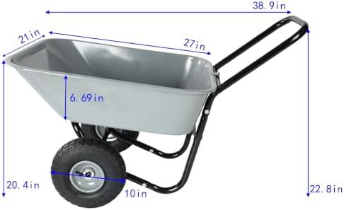 10" Pneumatic Wheel Barrow - Two-Wheeled Garden Cart for Easy Transportation, Heavy Duty, Durable, Perfect for Lawn Care, Yard Work, and Outdoor Projects.