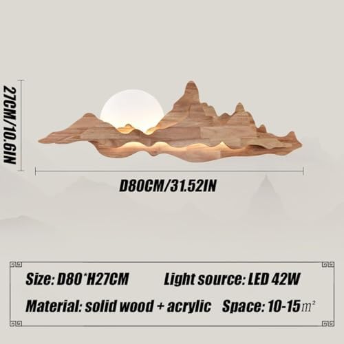 Chinese Style Mountain Landscape Wall Sconce - 42W Dimmable LED Solid Wood Lamp with Moon Design for Zen Decor in Living Room, Bedroom & Tea Room, 80cm Walnut Finish (Wood)