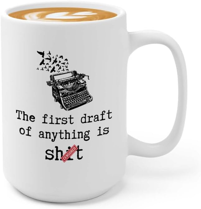 Writer Coffee Mug 15oz White - The First Draft - Funny Author Gift To Book Lover Bookish Bookworm Writing Sarcasm Poetry Novelist Journalist