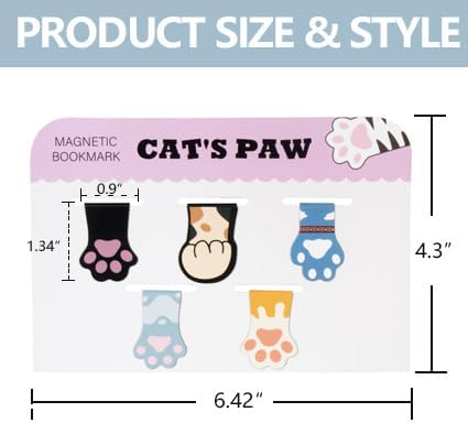 Cute Cat Paw Magnetic Bookmarks, 5 PCS Magnetic Cute Bookmark for Teacher, Women & Kids - Cat Paw Design (5 Cloros-2.0)