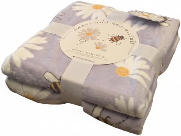 Bumble Bee Daisy Throw Blanket 50x70 Inch - Ultra Soft Plush Fleece, Lavender Purple Floral Queen Size Cozy Bed Sofa Decor, All Seasons Gift for Bee Lovers