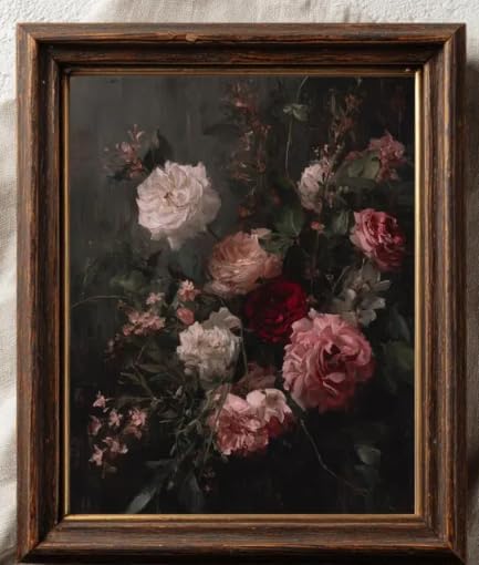 Dark Romantic Floral Wall Art Vintage Botanical Painting Moody Flower Still Life Print Gothic Dark Academia Wall Decor Antique Style Floral Picture Framed Vintage Frame 12x16