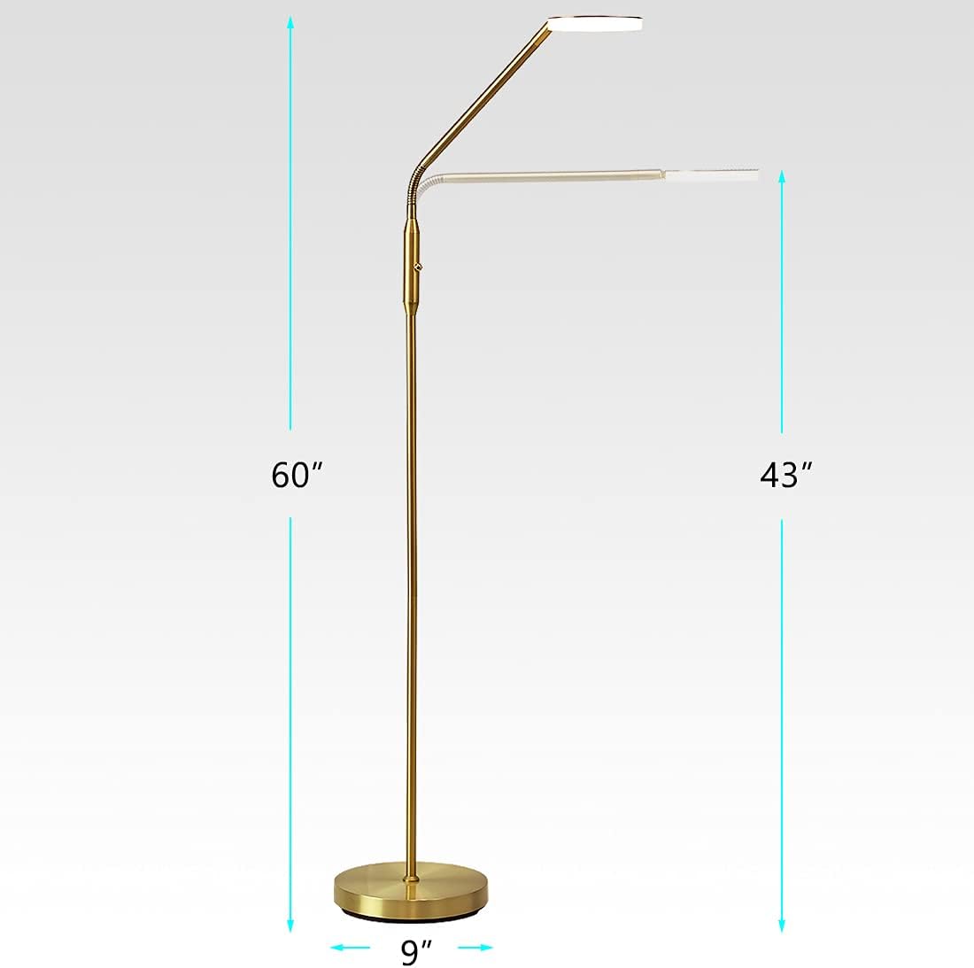 O’Bright Moon - Dimmable LED Floor Lamp, Adjustable Color Temperature for Bedside Reading, Work Light, Art/Crafting Light, Sewing, 360° Flexible Gooseneck, Rotatable Lighting, Antique Brass