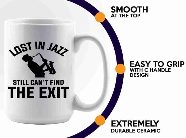 Jazz Lover Coffee Mug 15oz White -Lost in jazz - Jazz Guitarist Musician Bassist Band Orchestra Instrumentalist Guitar