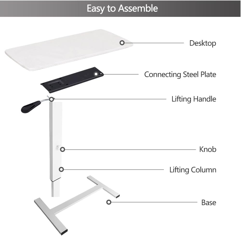 Overbed Table,Hospital Bed Table,Pneumatic Bedside Table Adjustable Over The Bed with Hidden Wheels&USB,Mobile Laptop Cart&Rolling Tray Table Hospital Home Use-White1