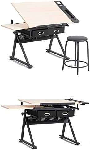 Drawing Tilting Tablet,Drafting Desk, Height Adjustable Drafting Desk Tiltable Tabletop Drawing Table, with 2 Storage Drawers Art Writing Reading Workstation,Natural