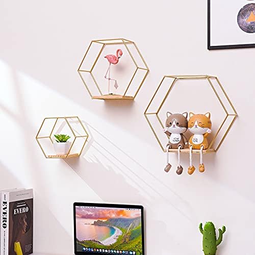 Hexagon Floating Shelves 3-Pack (6.7-11in) | Decorative Wall Mounted Hexagon Shelf, Multi-Use Geometric Metal Shelving for Living Room, Bedroom, Kitchen, Office