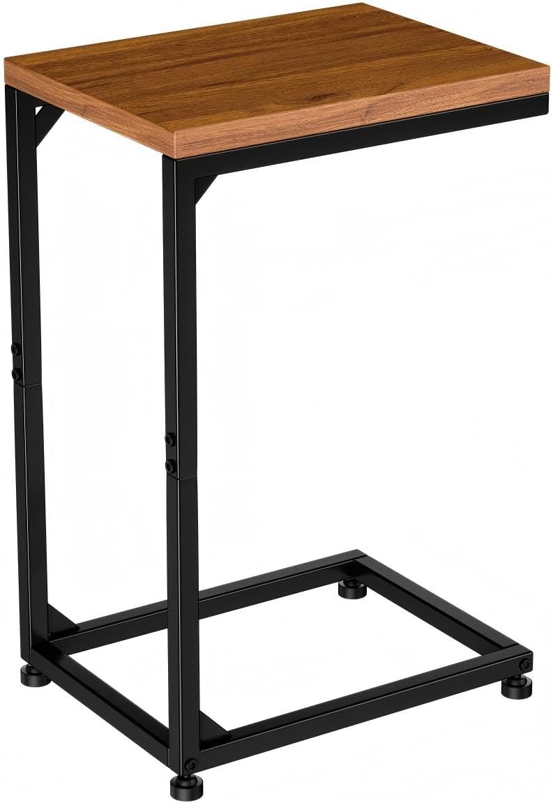 C Shaped End Table, Narrow Side Table for Couch, Small Sofa Table with Metal Frame, TV Tray Table for Living Room Bedroom Small Spaces, Brown