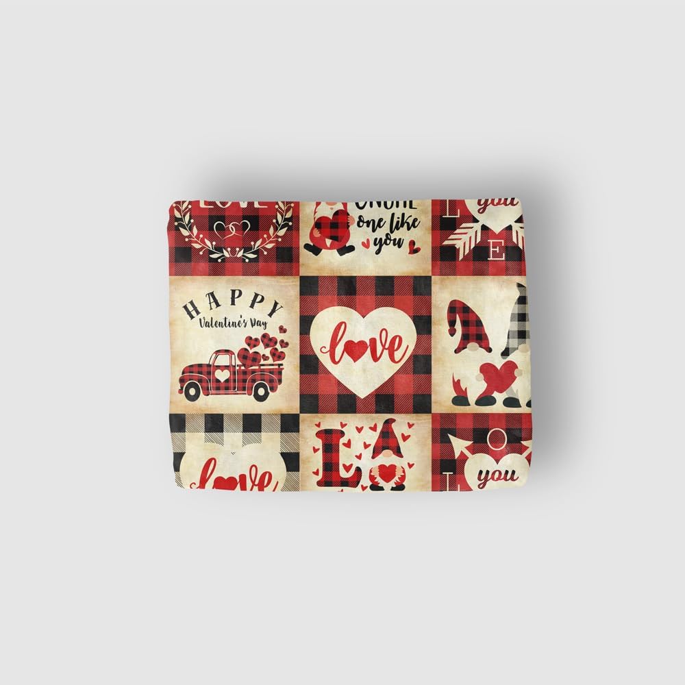 Happy Valentine's Day Throw Blanket, Buffalo Check Plaid Red Truck Gnomes Couples Lovers Lunch Rest Blanket, Cupid Sword Sweet Heart Blankets for Bed Couch Sofa 50X60IN