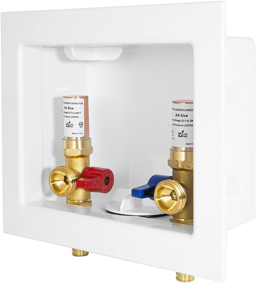 EFIELD Washing Machine Outlet Box, 1/2" Pex-A F1960 Expansion Connection x 3/4" MHT Connection, with Copper Water Hammer Arrestor, Center Drain with Brass 1/4 Turn Valves Installed,(WM013)