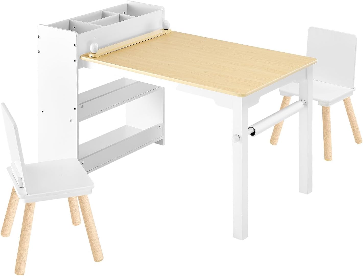 VEVOR Kids Art Table and Chair Set, Toddler Craft Table with 3 Tiers Storage Cabinet, Wooden Kids Activity Play Desk with 2 Chairs, Art Craft Play Desk for Reading, Learning, Drawing, Writing, White