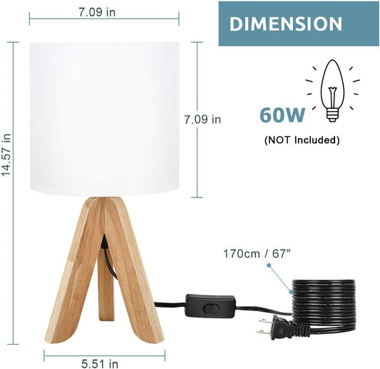 Small Table Lamp, Cute Kids Desk Lamp with Fabric Shade Wood Tripod Base Nightstand Lamp for Kids, Office, Study Room, Bedroom, Dorm, Coffee Table (White)