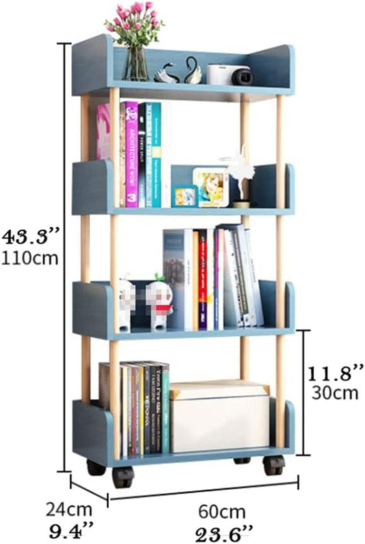 Modern Wooden Bookcase with Universal Wheels - Free Standing Multifunctional Open Bookshelf & Storage Organizer for Home Office, Living Room, and Study.