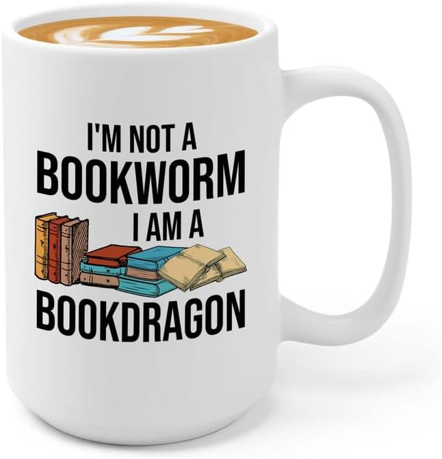 Reading Coffee Mug 15oz White - Bookworm to Bookdragon - Reader Gift Book Addict Book Lover Bookish Appreciation For Friend Novelist Writer Librarian Bookworm
