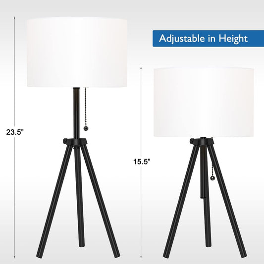 O’Bright Tripod Table Lamp, Adjustable in Height, 100% Metal Body with Linen Drum Shade, Bedside Lamp, Nightstand Lamp, Side Table Lamp for Living Room, Bedroom, Office, Black