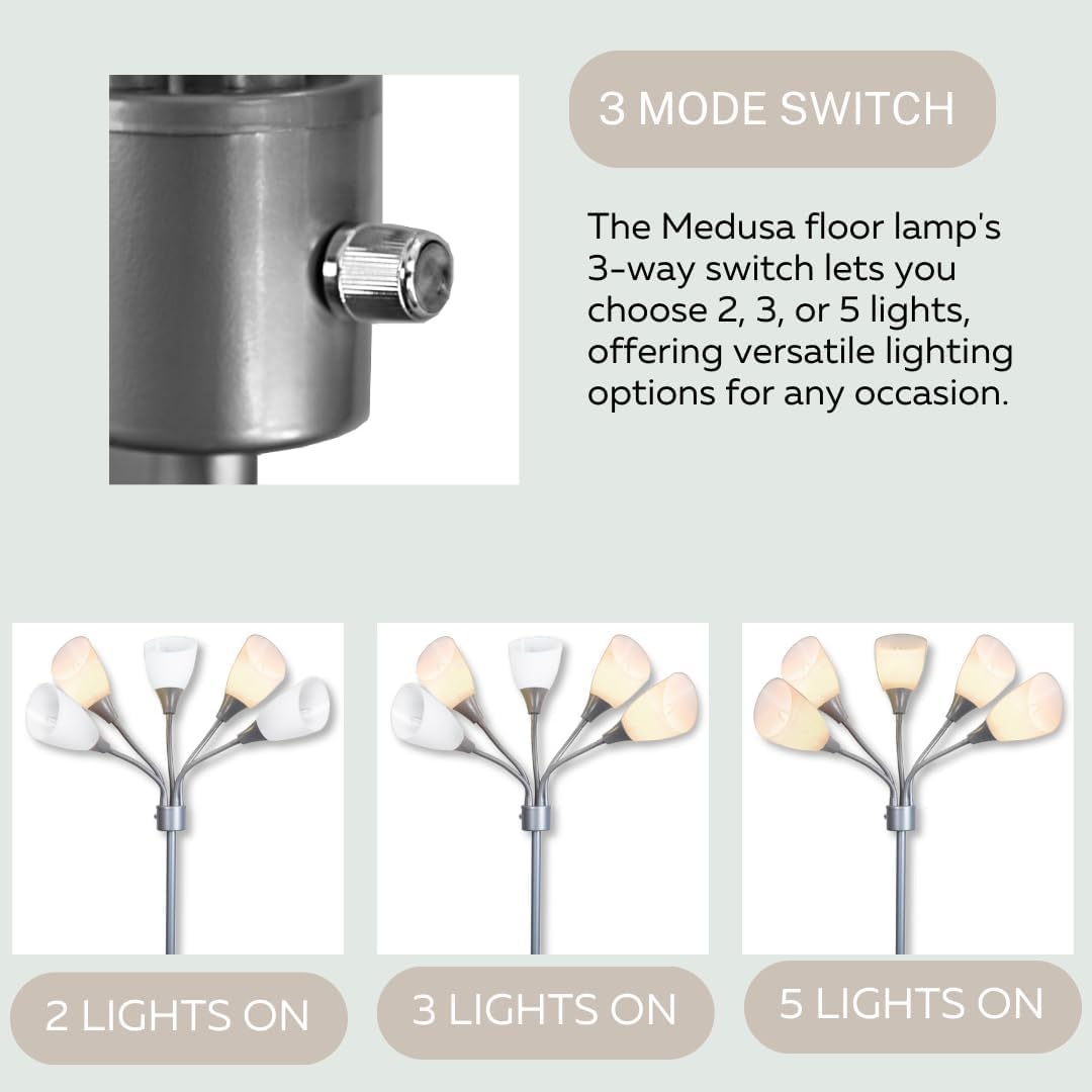 LIGHTACCENTS Medusa 5-Light Floor Lamp – Silver Multi-Head Standing Lamp w/ 5 Adjustable White Acrylic Shades for Bedroom, Living Room, Office