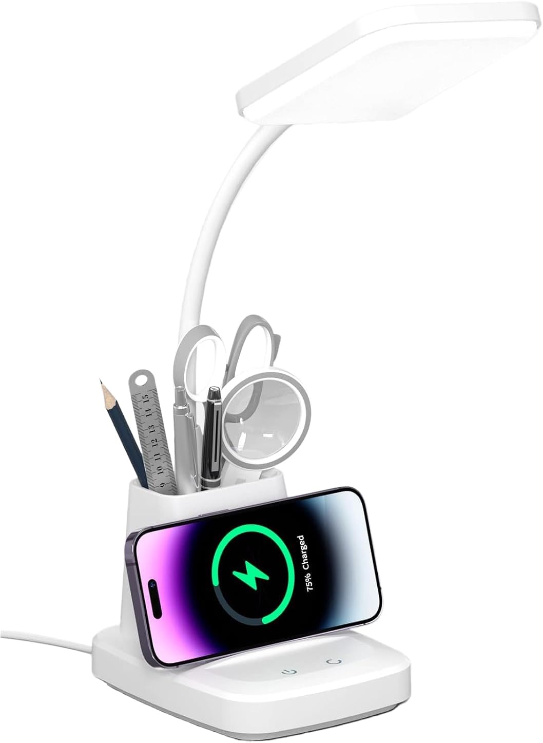 무선 충전기가 있는 책상 램프 - 홈 오피스용 LED 책상 램프, 펜 홀더 포함, 800LM, 3가지 색상 모드, 유연한 암, 가정 대학 기숙사 방용 눈 관리 화이트 테이블 램프