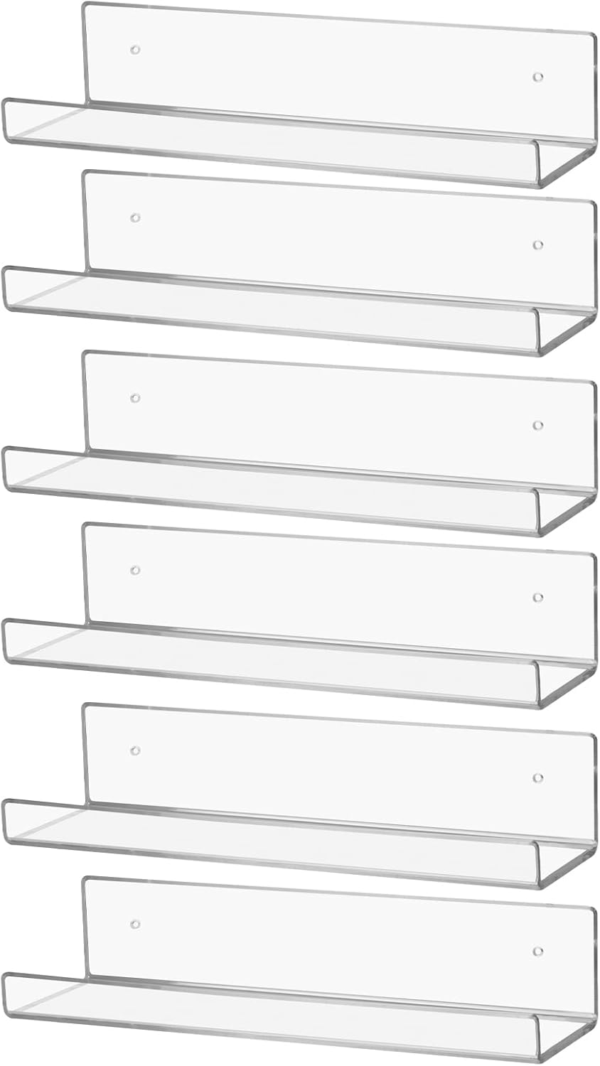 6 Pack Clear Floating Shelves 15 inches Acrylic Wall Ledge Bookshelf, Invisible Wall Mounted Kids Bookshelf and Spice Rack for Bedroom/Living Room/Kitchen/Bathroom/Office