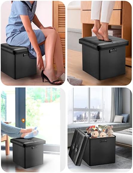 Tamfile Small Ottoman with Storage, 13 x 13 x 13 inch Fireproof Safe Folding Ottoman with Lock for Important Documents, Waterproof Foot Rest Stool with Storage, Ottoman Foot Rest with Handle, Black