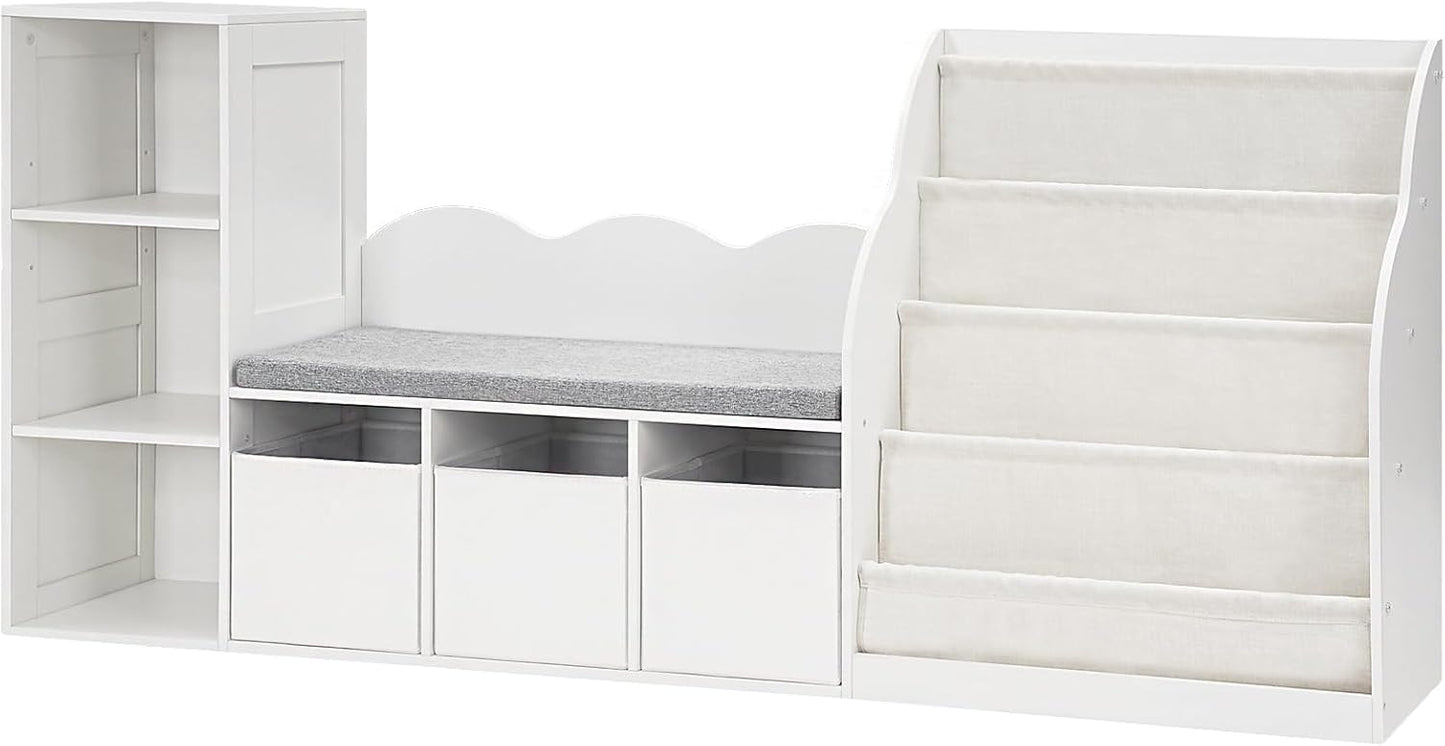 66.9" Kids Bookshelf with Reading Nook, 3-in-1 Kids Bookcase with Cushion and Sling Shelf, Toy Chest Storage with Fabric Drawers, Reading Nook for Kids, for Playroom, Nursery, White MCW08WB