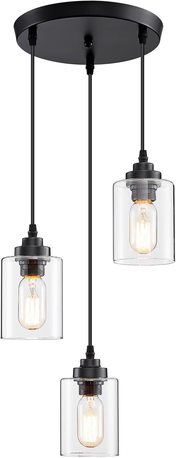 3-Light Pendant Lighting,3 Pendant Light Fixture for Kitchen Island,Dining Lamp Ceiling Hanging,with Adjustable Cord and Glass Shade for Farmhouse Living Dining Room Bar,Black