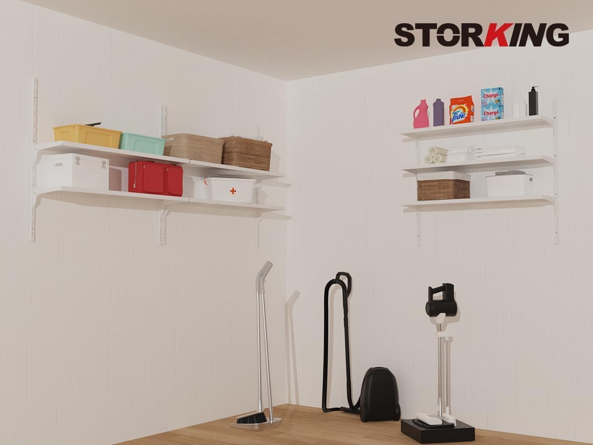 8" Deep ×32″ Long Adjustable Deep Floating Shelves for Wall 3‑Tier, Wall Mount Metal Shelf 165 LBS, Heavy Duty White Storage Rack for Garage, Kitchen, Bathroom, Bedroom, Wall Shelving Decor