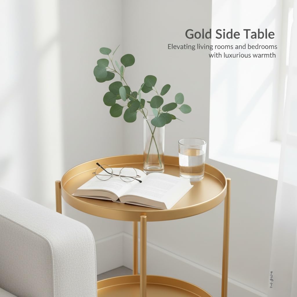 TeoKJ 2 Tier Gold Side Table, Folding Round Metal End Table Small Nightstand with Two Removable Tray for Bedroom Living Room Small Spaces Bedside Gold