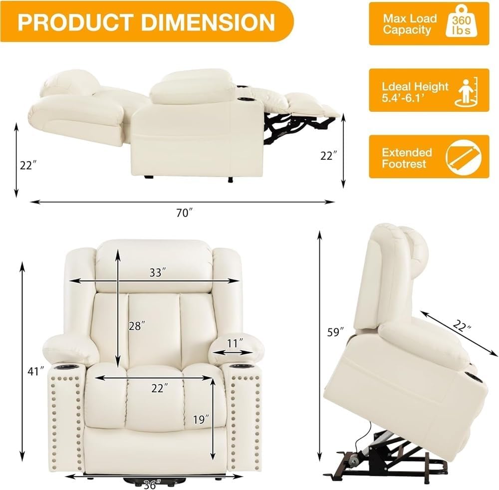 Triple Motor Power Lift Recliner Chair with Heat and Massage Infinite Position Recline and Lay Flat Leather Oversized Electric Recliner for Elderly with USB Ports Cup Holder