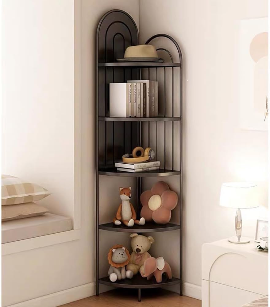 Black 5 Tier Metal Corner Shelf,Tall Industrial Corner Shelving Unit,Freestanding Corner Storage Rack for Small Spaces,Narrow Corner Bookshelf for Living Room,Bedroom,Bathroom