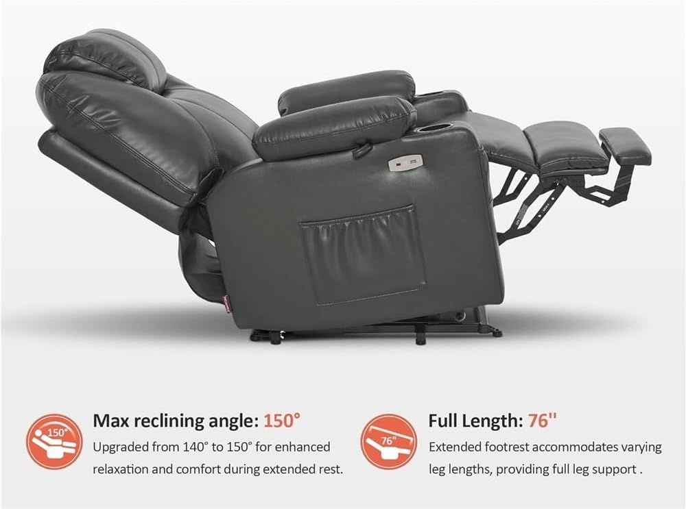 Power Lift Recliner Chair with Heat and Massage, Ergonomic Electric Recliner with Stand Assistance, Comfortable Leather Recliner Sofa for Elderly Adults, Living Room Seating