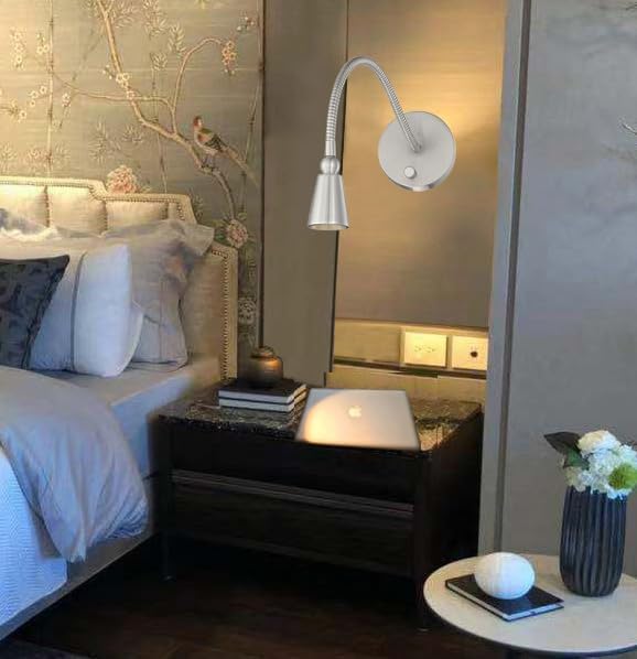 HomeFocus - LED Wall Lamp, Bedside Reading Light, Dimmable 3 Modes, Eye-Caring, Wall Sconces, 5W 3000K Warm White, Flexible Gooseneck, Metal, Satin Nickel