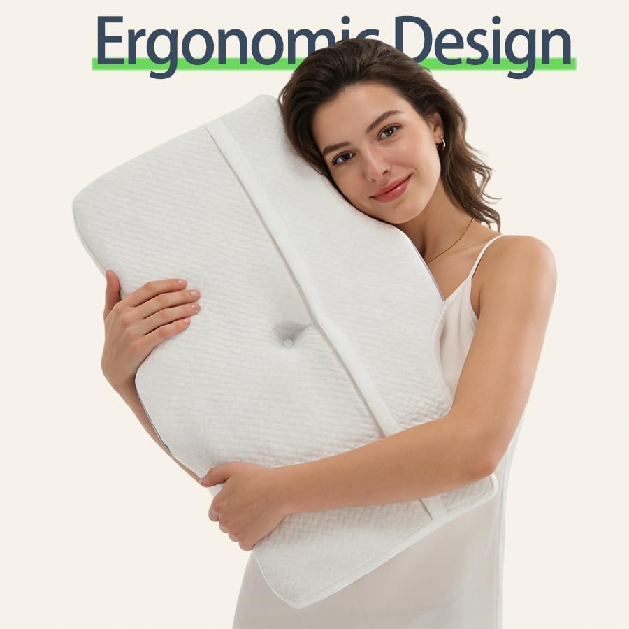 Cervical Neck Pillow – Ergonomic Neck Pain Relief Pillow, Contour Memory Foam Orthopedic Support, Ideal for Side Back Stomach Sleepers with Cooling Breathable Pillowcase