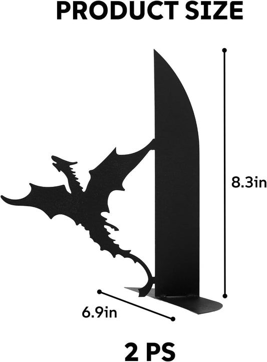 Metal Dragon Bookends Stoppers Holder Stand for Desk Shelf Cool Dragon Book Ends Decorative, Fantasy Dragon Bookends for Bookshelf Decor