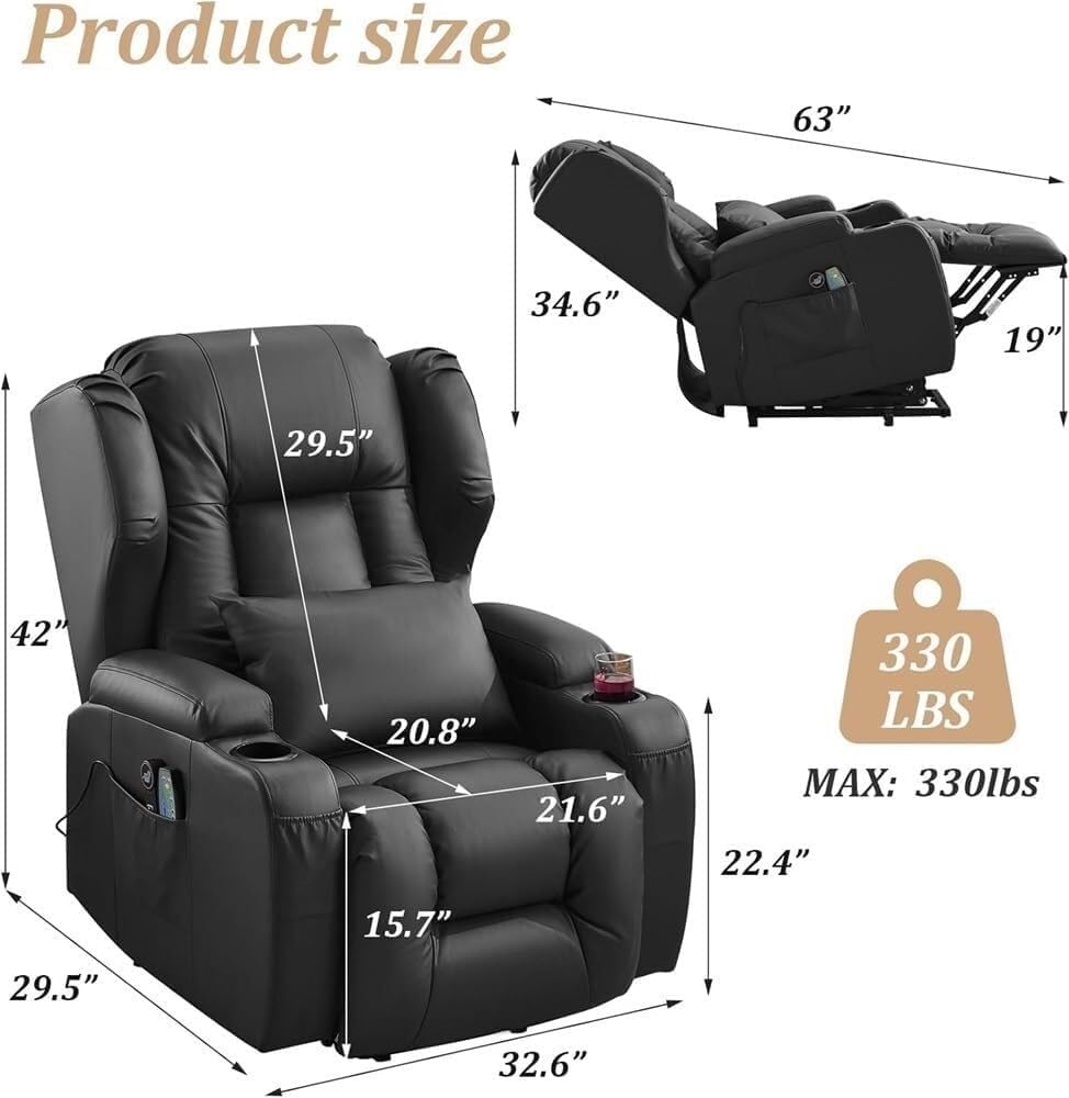 Power Lift Recliner Chair for Seniors – Electric Massage & Heated Leather Recliner with USB Port, 2 Cup Holders, Side Storage Pocket, Ergonomic Lift Chair for Elderly Living Room