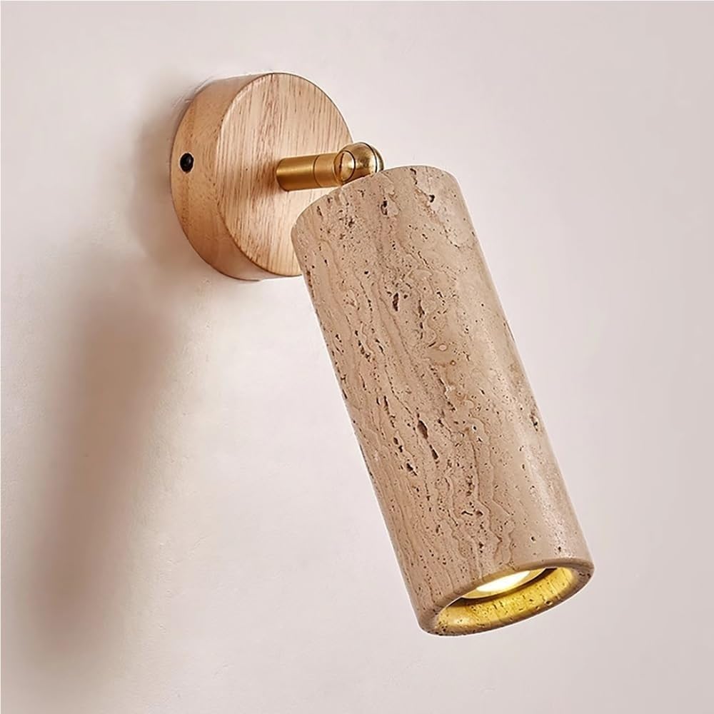 Adjustable Lamp Head Cylinder Stone Wall Sconce Japanese Wooden Bedside Lamp Yellow Travertine Wall Lighting for Bathroom and Bedroom(Wood(3000K))