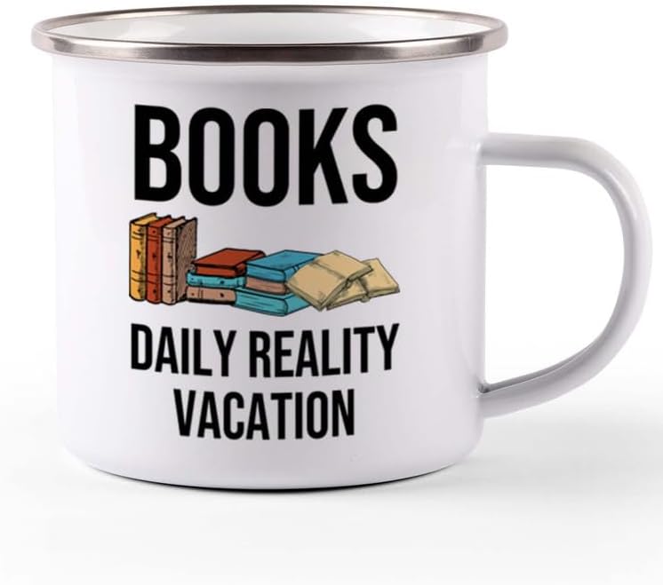 Reading Camper Mug 12oz - Books: Daily Reality Vacation - Reader Gift Book Addict Book Lover Bookish Appreciation For Friend Novelist Writer Librarian Bookworm