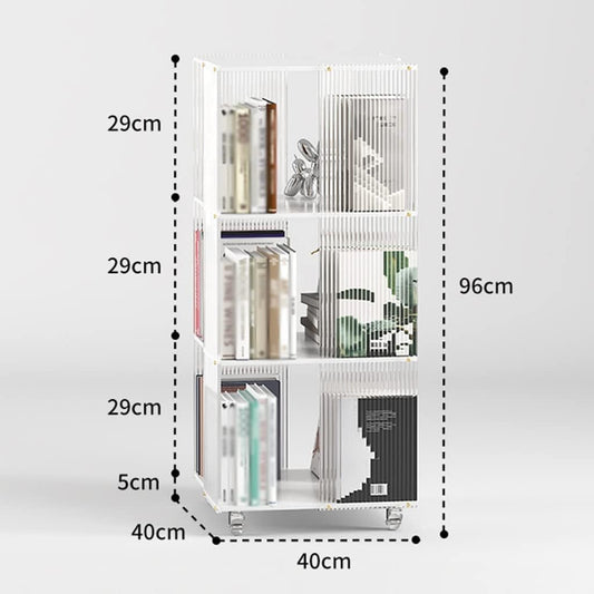 360° Rotating Bookshelf W/Wheels Clear Acrylic Narrow Bookcase Movable Modern Book Storage Organizer for Living Room Bedroom Display Shelf ()