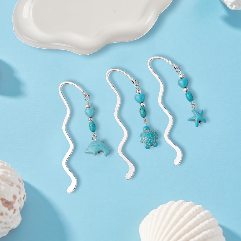 CRASPIRE 6Pcs Ocean Metal Bookmarks Starfish Dolphin Turtle Alloy Wave Shaped Vintage Summer Antique Silver Turquoise Beads Gemstone Beading Pendant Tassel for Book Lovers Teacher Student Birthday