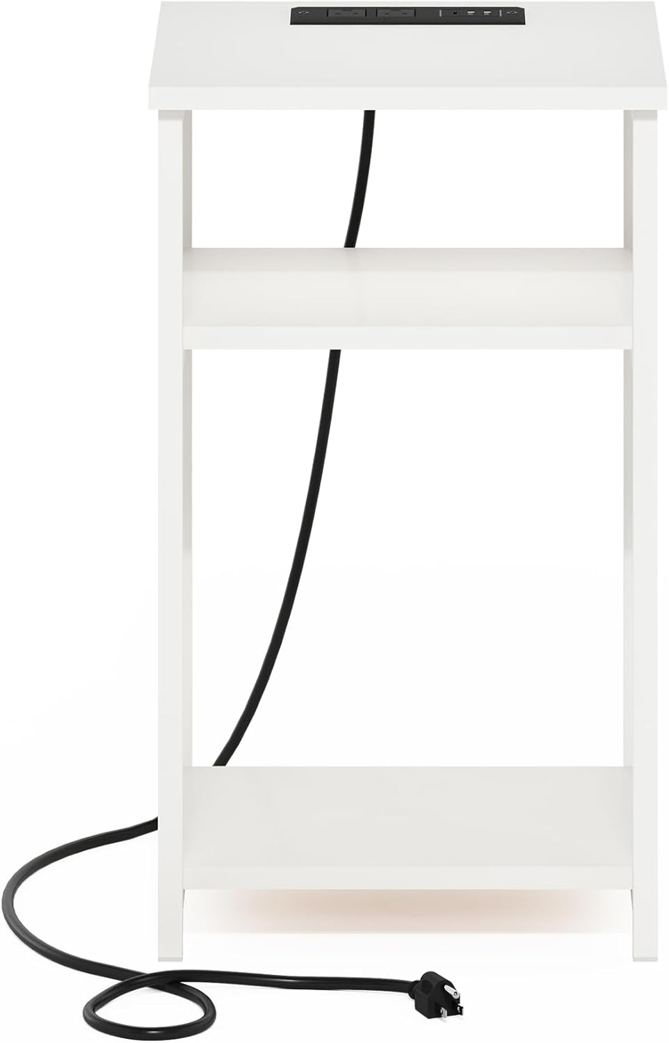 Furinno Moretti Side Table, 3-Tier Modern End Table with Charging Station, Metal Frame Night Stand, Bedside Table with USB and Type-C Charging Port, for Living Room, Bedroom, White