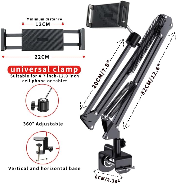 Tablet Stand Holder for Bed,Folding Tablet Holder for Desk,Flexible Tablet Arm Clamp Compatible with iPad/iPhone15/iPad Pro/N-Switch,Kindle Fire,or others 4.5~12.9 Inch-Reading,Watching Black