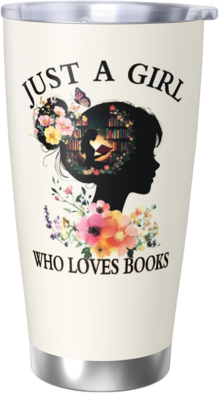 Just a Girl Who Loves Books Gifts, Book Themed Tumbler Gift Coffee Mugs, Gifts for Women Who Love Reading Travel Mug, Book Related 20oz Bookish Coffee Tumbler