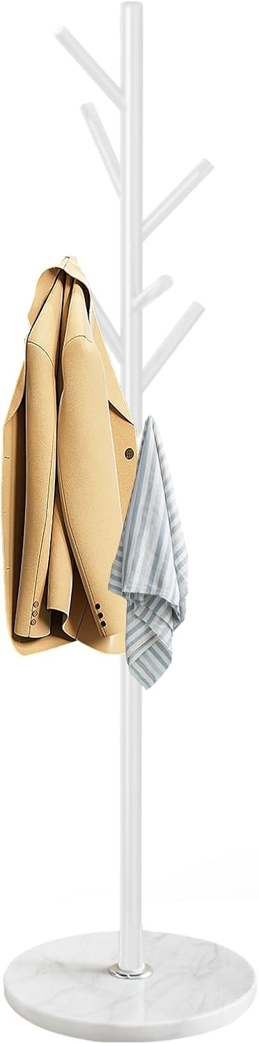 Coat Rack with Natural Marble Base, Metal Coat Racks Freestanding, Modern Coat Rack Stand with 8 Hooks, White Coat Tree Hats Hanger for Entryway, Hallway