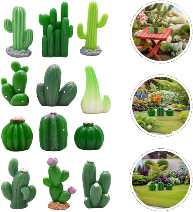 Garneck 24Pcs Miniature Artificial Cactus Figurines Small Resin Green Cacti Cake Toppers for Home Decor Fairy Garden Dollhouse Micro Landscape