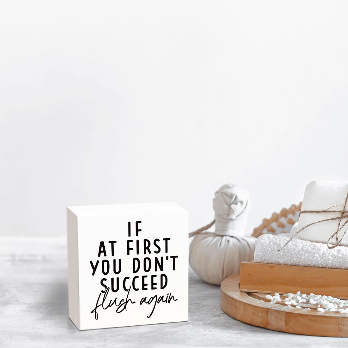 Rustic Wooden Bathroom Signs, If at First You Don't Succeed, Flush Again, Washroom Wooden Block Signs, Rustic Wood Plaque Box Sign for Home Office Restroom Toilet Shelf Table Decoration