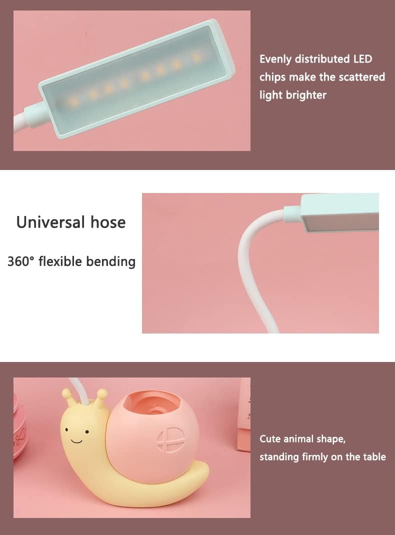 Cute Kids Lamp with Pen Holder,LED Desk Lamp for Child,Snail Shape USB Charging Student Learning Eye Protection Lamp with 360° Bendable Adjustable Neck Pink