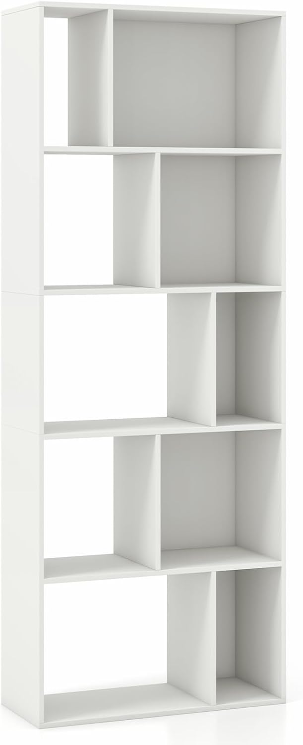 GOFLAME 5-Tier Geometric Bookcase, 63” Tall Freestanding Bookshelf with 10 Open Cubbies, Anti-Toppling Kits, Modern Cube Storage Organizer for Living Room, Bedroom, Home Office, White