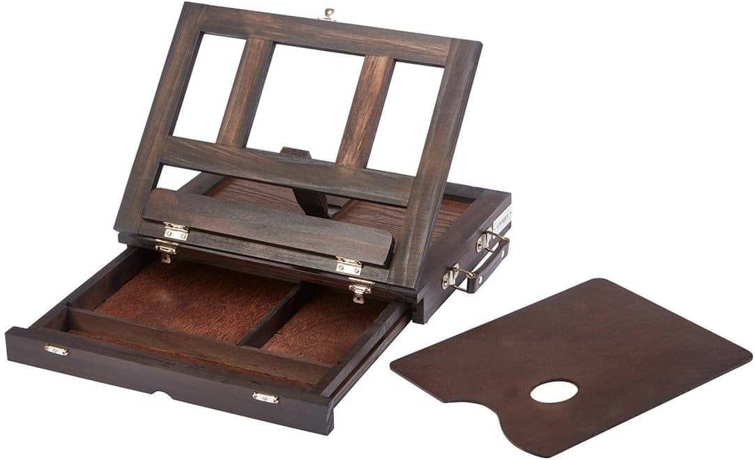 KINGART Adjustable Wood Espresso Stained Desk Table Easel with Storage Drawer, Paint Palette, Portable Wooden Artist Desktop, Painting, Drawing Sketching Book StandE