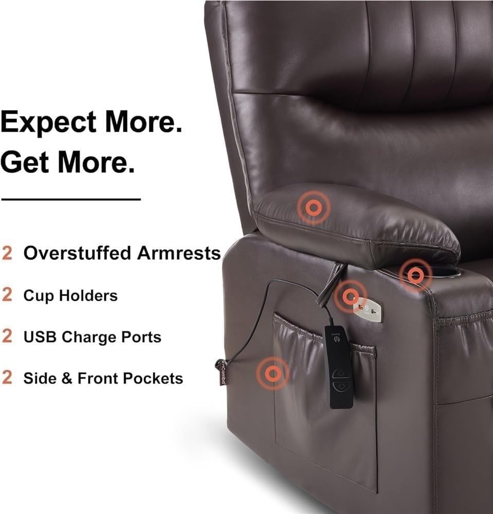 Dark Brown Electric Swivel Rocker Recliner Chair for Adults with Vibration and Heated Massage, Ergonomic Leather Lounge Sofa, USB Ports, Cup Holders, Modern Power Recliner for Living Room